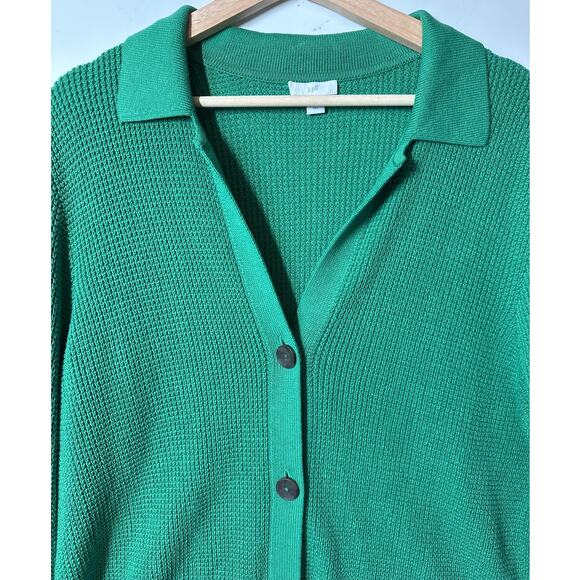 J. Jill Waffle Knit Collared Button Up Cardigan Sweater Green Size L Tall Long - Picture 5 of 14